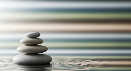 Zen stones balanced in water, symbolizing peace, harmony, and meditation for wellness and relaxation.