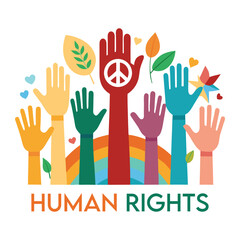 Fototapeta premium Diverse hands raised in unity and celebration symbolizing human rights equality peace and freedom with colorful abstract elements and nature motifs