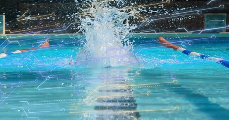 Female athlete starting butterfly stroke in training pool, showing technique with animated graph