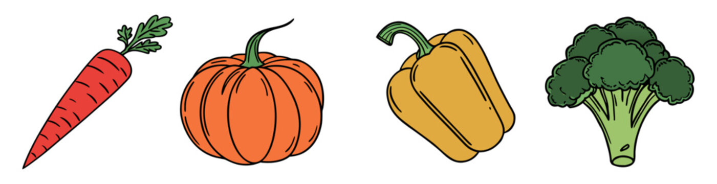 Cartoon style vector illustration of healthy vegetables including carrot, pumpkin, capsicum, and broccoli