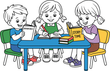 Cartoon illustration of happy children reading books and writing at school table, kids enjoying learning, studying, education and story time