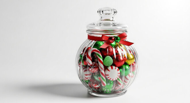 Christmas candy jar festive holiday sweets assortment glass container red ribbon white background isolated
