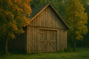 old barn in the  autumn woods