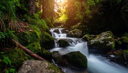 Forest stream cascading over rocks