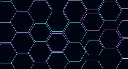 Abstract neon hexagon pattern with vibrant blue and purple lines on a dark background, modern design