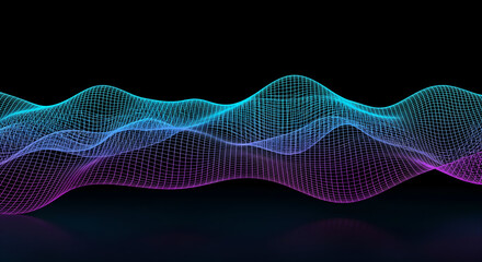 Dynamic 3D wireframe mesh abstract flowing with vibrant blue and purple gradient on black background