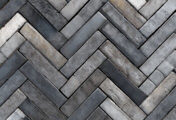 Herringbone pattern of gray and white rectangular tiles
