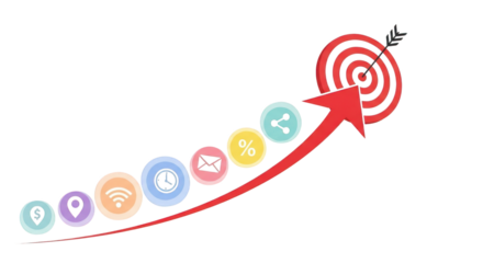 Red Arrow Graph with Icons and Target isolated on a transparent background chart data