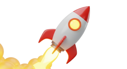 Red and White Rocket Launching with Yellow Flame isolated on a transparent background spaceship