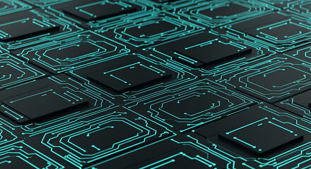 Futuristic circuit board design with glowing blue lines, representing advanced technology and innovation