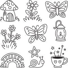 Delightful Hand-Drawn Doodle Vector Illustrations, A Whimsical Set of Nature and Fantasy Elements Perfect for Kids' Creative Projects and Designs