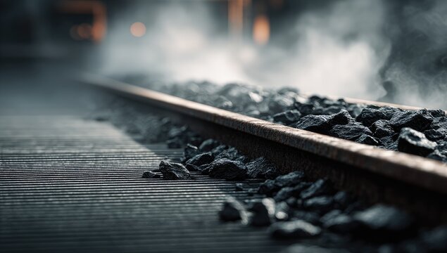 Close-up view of train tracks with ballast