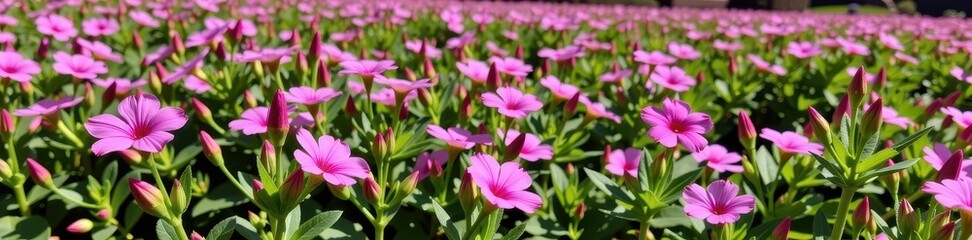 Fototapeta premium A field brimming with vibrant pink flowers, bathed in sunlight. Delicate petals and lush green foliage create a picturesque scene, colorful, greenery, spring