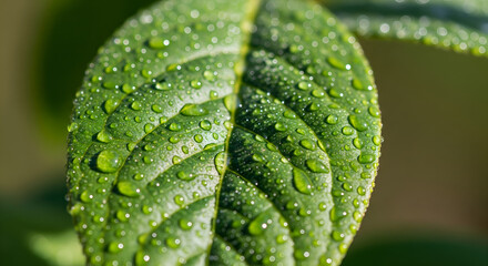 Vibrant green leaf glistening with water droplets, perfect for nature, wellness, and fresh concepts