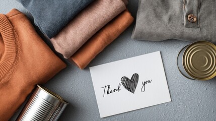 A heartwarming composition for a donation drive featuring folded grey and yellow clothing, canned food, and a hand-drawn "Thank you" card with a heart.