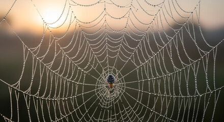 Stunning spider web glistening with morning dew drops in soft sunlight, perfect nature scene