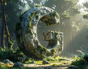 Large stone letter G in a forest