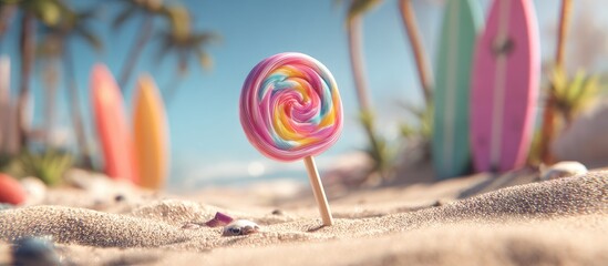 Colorful lollipop on a sandy beach, with palm trees and surfboards