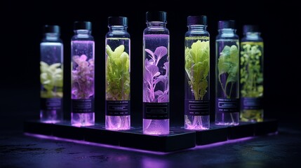 An isometric 3D illustration of a high-tech hydroponic laboratory growing various plants in glass tubes and square plots, monitored by digital interfaces.