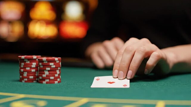 Woman exudes confidence as she unveils a winning ace of hearts card at a casino table, with stacks of colorful poker chips lined up nearby on the emerald green felt surface