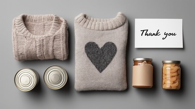 A heartwarming composition for a donation drive featuring folded grey and yellow clothing, canned food, and a hand-drawn "Thank you" card with a heart. - Powered by Adobe