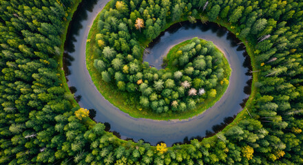 Aerial view of a winding river flowing through lush green forest, perfect for nature scenes and travel blogs
