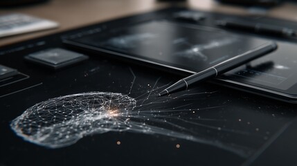A close-up digital visualization of a glowing human brain being sketched on a tablet screen with a stylus pen, representing neuroscience, creativity, or artificial intelligence.