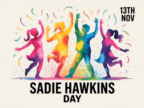 Vibrant sadie hawkins day celebration with dancing silhouettes and colorful confetti