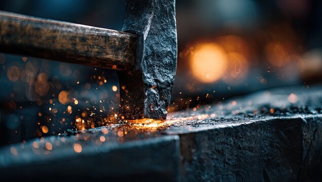 Hammer striking hot metal on anvil