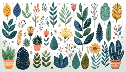 Assorted digital illustrations of leaves, branches, and plants, stylized with flat colors