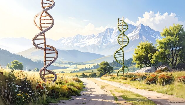 Two giant DNA structures stand in a sunlit, serene alpine landscape with mountains - Powered by Adobe