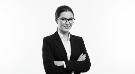 Confident young businesswoman in formal suit with eyeglasses posing in studio with arms crossed and bright white background