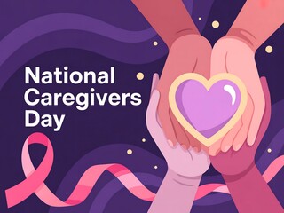 National caregivers day celebration with diverse hands holding a heart and pink ribbon