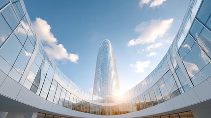 Obraz premium Architectural View of Modern Skyscraper Tower with Glass Reflections Against a Sunny Sky in an Urban Corporate Setting