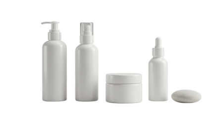 Four elegant frosted glass, matte ceramic skincare bottles in muted tones with a river stone, on a seamless transparent background, 45-degree angle. Concept of luxury beauty