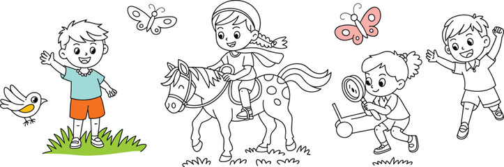 Kids outdoor activity coloring page, children playing in nature, riding horse, catching insects, butterflies and birds, fun printable worksheet art