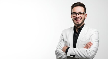 Confident young businessman in formal suit with eyeglasses posing in studio with arms crossed and bright white background