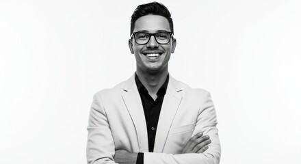 Confident young businessman in formal suit with eyeglasses posing in studio with arms crossed and bright white background