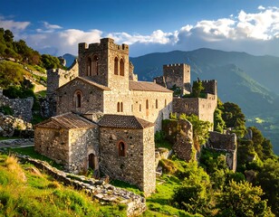 Ancient stone church and castle nestled in mountain landscape