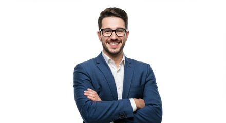 Confident young businessman in formal suit with eyeglasses posing in studio with arms crossed and bright white background
