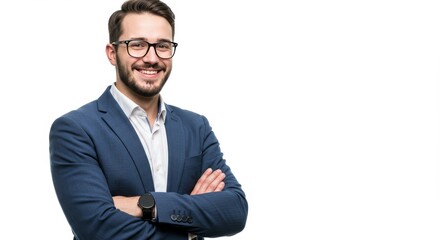Confident young businessman in formal suit with eyeglasses posing in studio with arms crossed and bright white background