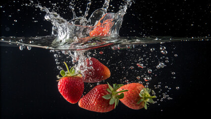 Bright red strawberries burst with motion in underwater setting, surrounded by bubbles on black.