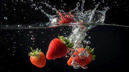Lush red strawberries create dynamic water splash in underwater scene with bubbles on dark backdrop.