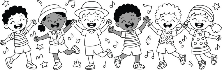 Happy children dancing and singing together, black and white coloring page illustration of kids celebrating music, fun and joyful activity
