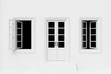 White wall with windows and doors creating a minimalist modern architecture look during daylight hours
