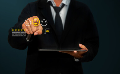 Businessman selecting feedback icons with emoji faces representing customer satisfaction. Ideal for review systems, survey, and user experience.