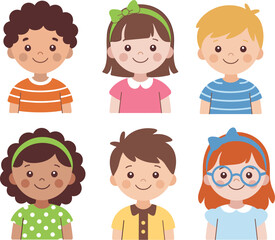 Cute kids avatars collection, cartoon children faces set, diverse boys and girls vector illustration, flat style profile icons design