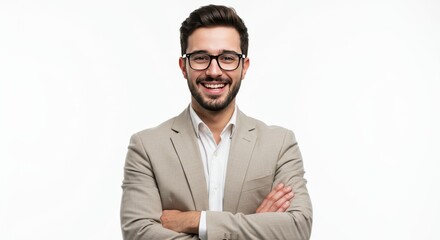 Confident young businessman in formal suit with eyeglasses posing in studio with arms crossed and bright white background