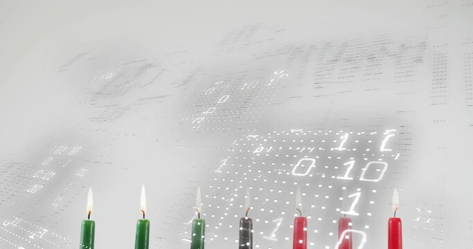 While binary code shifting, kinara candles lighting three green, then black, then three red flames