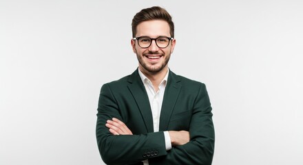 Confident young businessman in formal suit with eyeglasses posing in studio with arms crossed and bright white background
